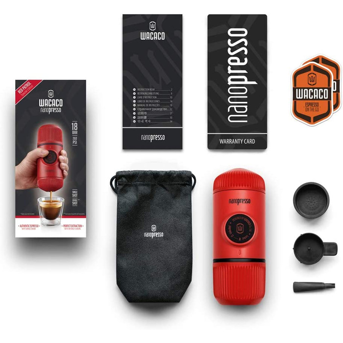 WACACO Nanopresso - портативна кавомашина для еспресо, 18 Bar, ручне керування, для подорожей, червона