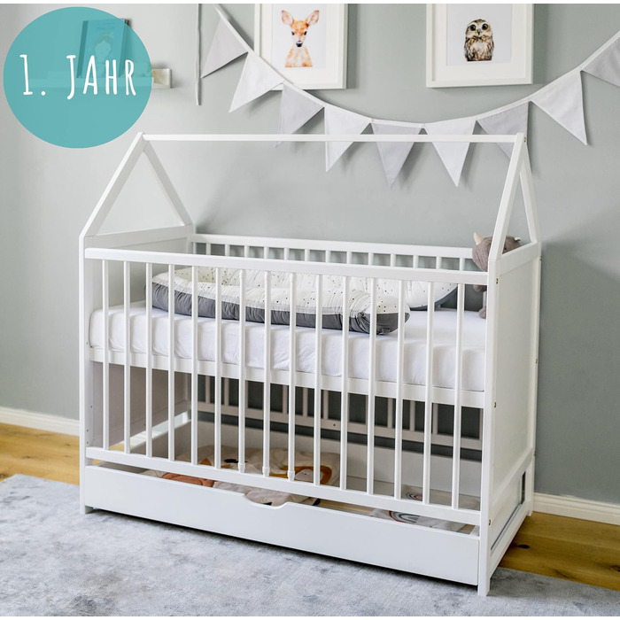 Дитяче ліжечко Kids Collective 60x120 см з матрацом і шухлядою, біле, дерев'яне, трансформер, регульоване дно, для немовлят