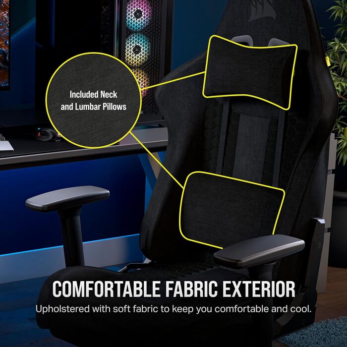 Ігрове крісло Corsair TC100 Relaxed, текстильне, чорне, ергономічне, з подушкою для попереку та знімною подушкою для шиї з memory-піни, регульовані підлокітники, стиль автоспорту
