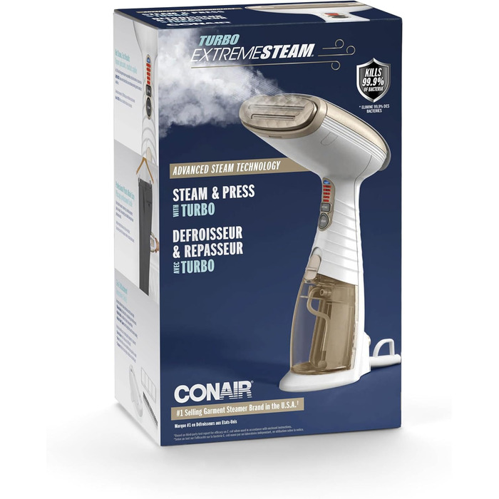 Ручний парогенератор Conair Turbo ExtremeSteam 25 г/хв, 5 режимів, швидкий нагрів, 3 насадки для делікатних і щільних тканин, білий/бежевий, EU