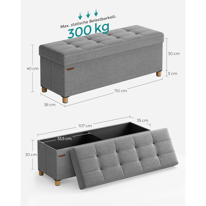 Складаний пуф SONGMICS з місцем для зберігання, на ніжках, 76×38×40 см, до 300 кг, для вітальні, спальні, сіро-голубий