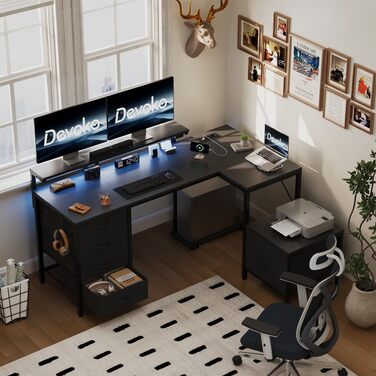 Кутовий стіл Devoko з розетками та USB, 160x120 см, чорний - для дому та геймінгу