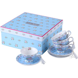Чашка та блюдце з порцеляни Shabby Chic Vintage, з птахом, метеликом і квітами, подарункова коробка (рожево-блакитна)