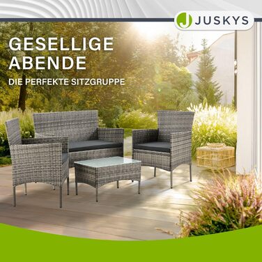 Набір садових меблів Juskys Polyrattan Fort Myers на 4 особи: диван, 2 крісла, стіл, подушки. Чорний/кремовий, вологостійкий, для балкона та саду