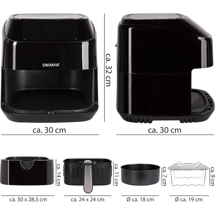 Аерофритюрниця ONVAYA XXL, без олії, 1700 Вт, LED-дисплей, 10 програм, для 5-6 осіб, з формою для випікання та решіткою зі шпажками