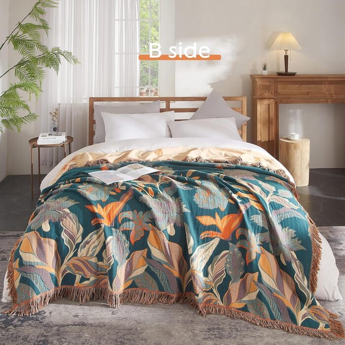 Богемна ковдра Boho Decke з 100% бавовни – двостороння муслінова ковдра 150x200 см, м'яка пледова ковдра та покривало для ліжка, естетичний дизайн, ідеально підходить для вітальні та спальні, помаранчево-зелена (230 x 275 см)
