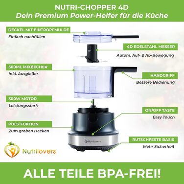 Електричний подрібнювач NUTRI-CHOPPER 4D з авто-ножем, BPA-free, німецький, універсальний кухонний процесор для овочів, м'яса, горіхів, песто