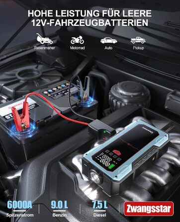 Бустер для авто Starthilfe Powerbank 6000A: пусковий пристрій з компресором 150 PSI, 12V для бензинових (до 9л) та дизельних (до 7.5л) двигунів, синій