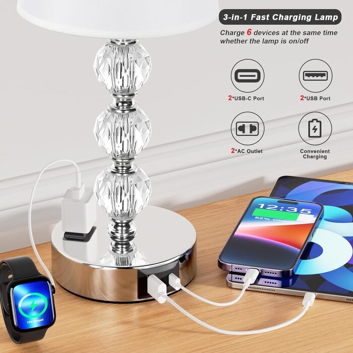 Настільна лампа Kakanuo з димером, 2 шт, кришталева, USB-A+C, LED, сучасна, білий текстильний абажур, для спальні, вітальні, офісу, готелю, 37 см