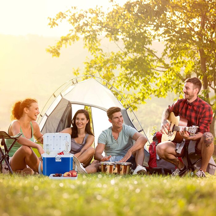 Кулер-бокс Relaxdays 8 л з ручкою та ременем, пластиковий, без електрики, біло-синій, 23,5×31×21 см