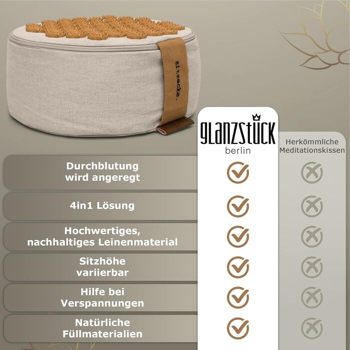 Подушка для йоги та медитації Glanzstück Berlin Health Collection, двостороння, з екологічного лляного міксу, наповнювач гречане лушпиння, 32x15 см, регульована висота