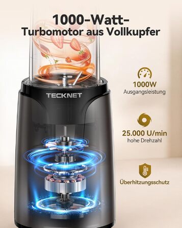 Блендер TECKNET 1000W для смузі та коктейлів з 2 склянками 600 мл, нержавіюча сталь, сірий