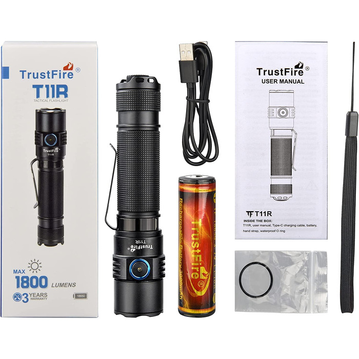 LED ліхтар Trustfire T11R, надяскравий 1800 люмен, USB-зарядка, 5 режимів, тактичний, водонепроникний IP68, для кемпінгу, туризму, екстрених ситуацій, чорний