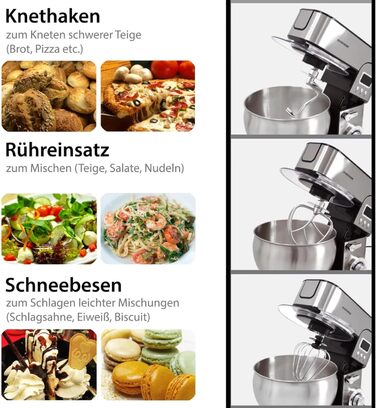 Кухонна машина Syntrox Germany Glumya 7 л, м'ясорубка, 1300 Вт, нержавіюча сталь, аксесуари для тіста й кремів, LED-дисплей, таймер, чорна