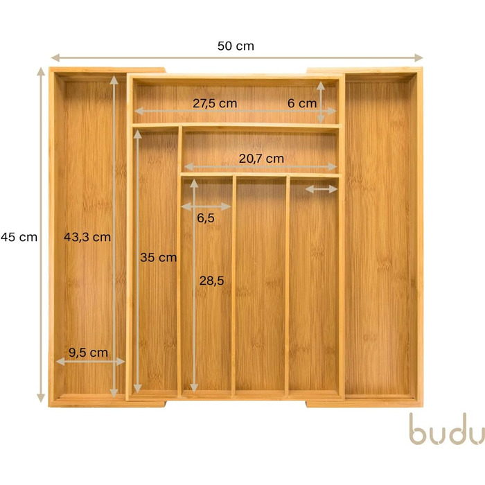 Органайзер для столових приборів та кухонних шухляд budu з бамбука, розсувний, глибина 45 см