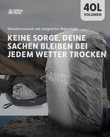 Туристичний рюкзак Terra Peak 40 л з вентильованою спинкою, тримачем для питної системи та дощовиком, для походів і одноденних виїздів, темно-синій
