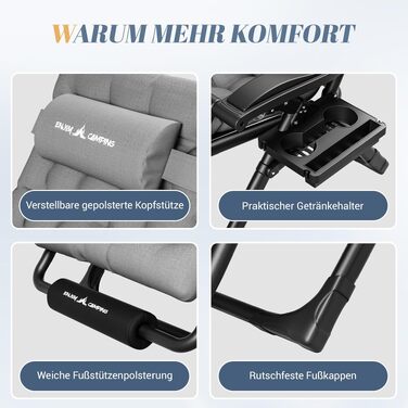 Шезлонг UDPATIO розкладний садовий стілець з підставкою для напоїв та м'яким матрацом, регульована спинка, посилений XX-Large, сірий