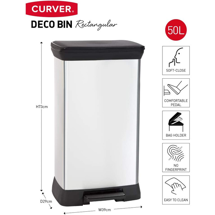 Смітник CURVER Deco Bin 50 л з кришкою та педаллю, чорний/сріблястий, металевий дизайн, пластик, для кухні