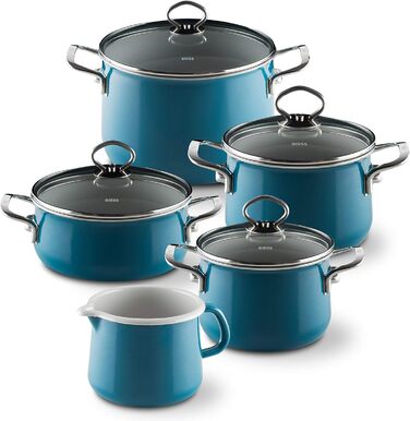 Riess набір посуду 5 предметів NOUVELLE AQUAMARIN Extra Stark: каструлі з кришками 16, 20, 24 см, сотейник 20 см, ковшик 12 см, емальований