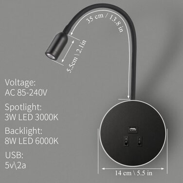 Світильник для читання Awekliy 3W+8W LED з гнучкою ніжкою, настінний, з USB-зарядкою, перемикачем, для спальні, ліжка, нічник, чорний, 3000K