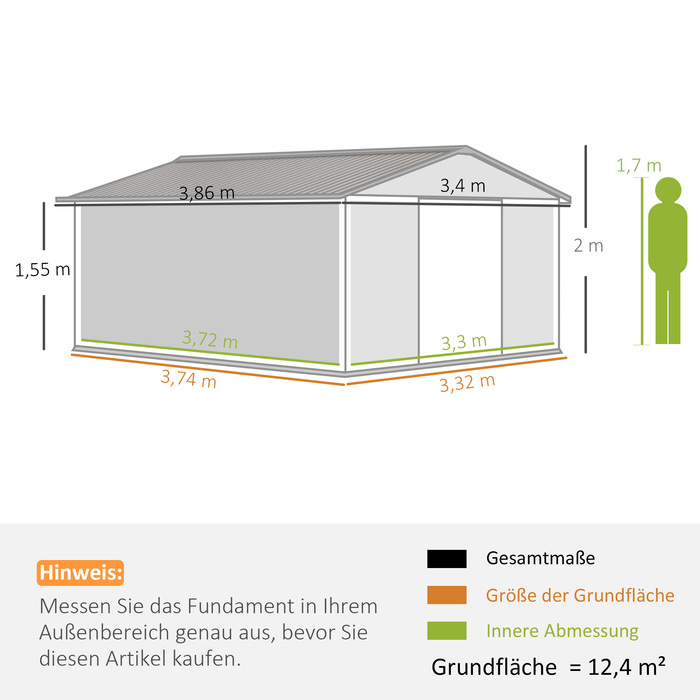 Outsunny Garden сарай 12,4 м², садовий сарай з односхилим дахом, розсувні двері, фундамент, 340 x 386 x 200 см, сарай для інструментів з оцинкованої сталі, стійкий до атмосферних впливів, для саду, коричневий