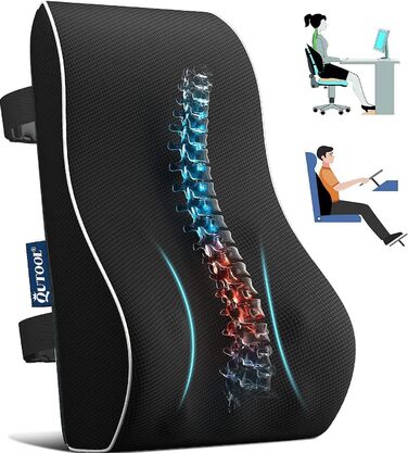 Подушка для спини Qutool з Memory Foam, поперекова подушка для офісного та геймінгового крісла, підтримка попереку, регульовані ремені, сітчаста обкладка (чорний)