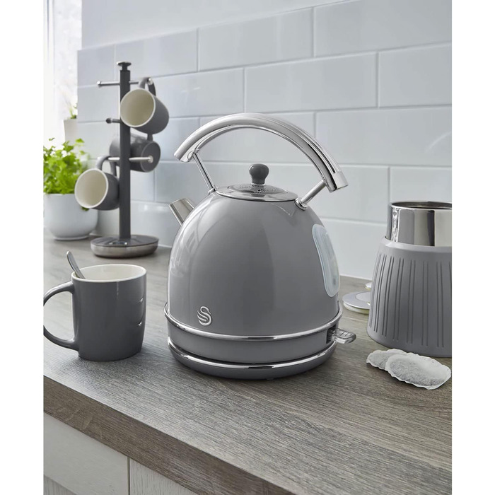 Електрочайник Swan Retro 1,8 л, 3000 Вт, вінтажний дизайн, Strix, бездротовий, BPA-free нержавійка, сірий