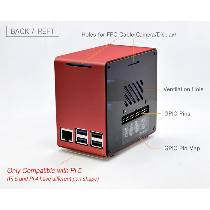 Алюмінієвий корпус ElectroCookie Mini Tower для Raspberry Pi 5 з вентилятором і підсвіткою RGB (червоний)