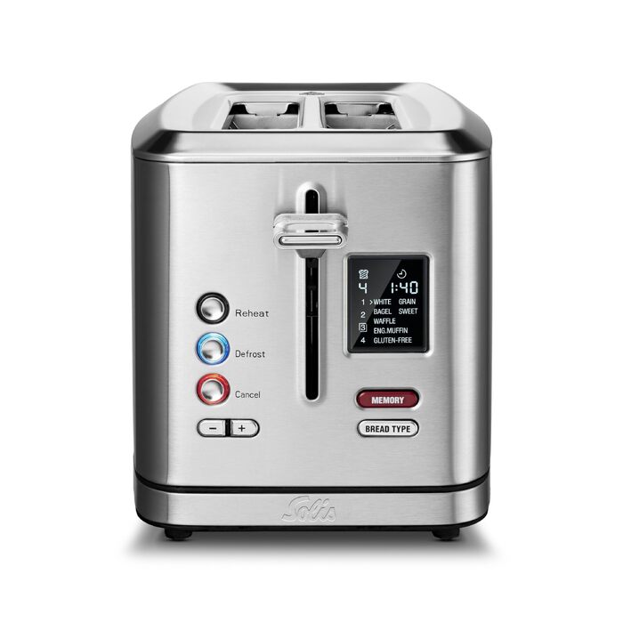 Тостер Solis Flex Typ 8004 Premium нержавіюча сталь: 7 програм, широкі слоти, LCD-дисплей, підставка для булочок, 950 Вт
