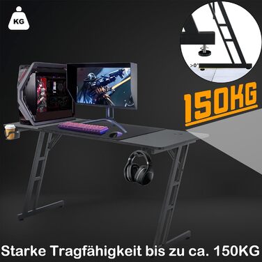 Ігровий стіл AufuN 120x60 см з LED підсвіткою, гачком для навушників і підсклянником, стійкий комп'ютерний стіл для геймерів та роботи