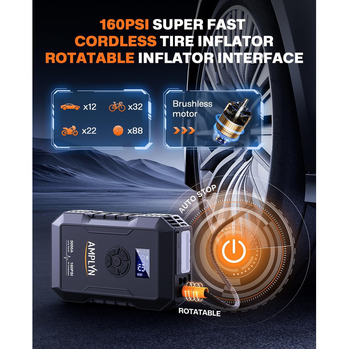 Пусковий пристрій для авто (бустер) з компресором 160 PSI, 5000A, 12V, портативний бустер для бензинових та дизельних двигунів (до 10л), швидка зарядка Type-C, ліхтарик