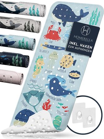 Дитячий килимок для ванни Homerella, антиковзкий, 100% BPA Free, 100x40 см, гачки для підвішування, для чутливої шкіри, протигрибковий, миється, світло-блакитний, Underwater Abc