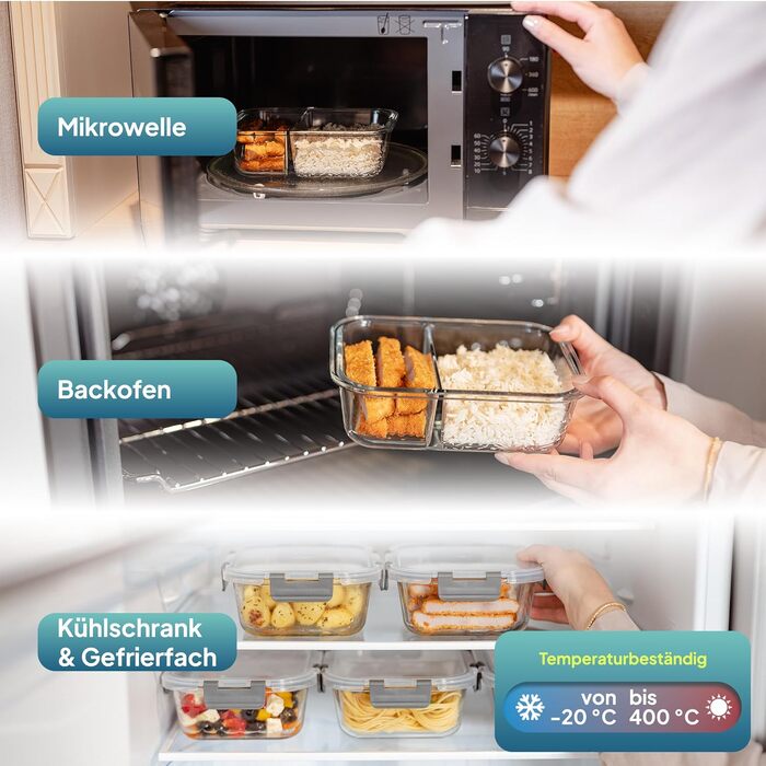 Набір скляних контейнерів для їжі з кришками uandu, 10 предметів, Meal Prep бокси з 2 відділеннями, антрацит