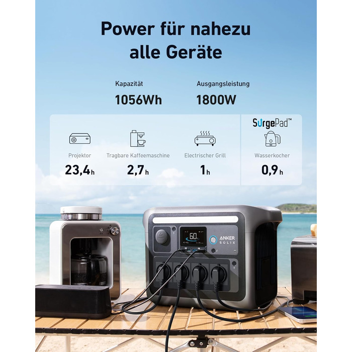 Портативна електростанція Anker SOLIX C1000, ємність 1056 Wh, номінальна потужність 1800 W, пікова потужність 2400 W