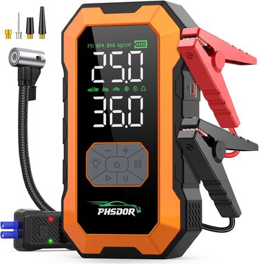 Пусковий пристрій (бустер) для авто 8000A з компресором 150 PSI та Powerbank 25000mAh, для бензинових та дизельних двигунів до 10.0л, з LED-ліхтарем, помаранчевий