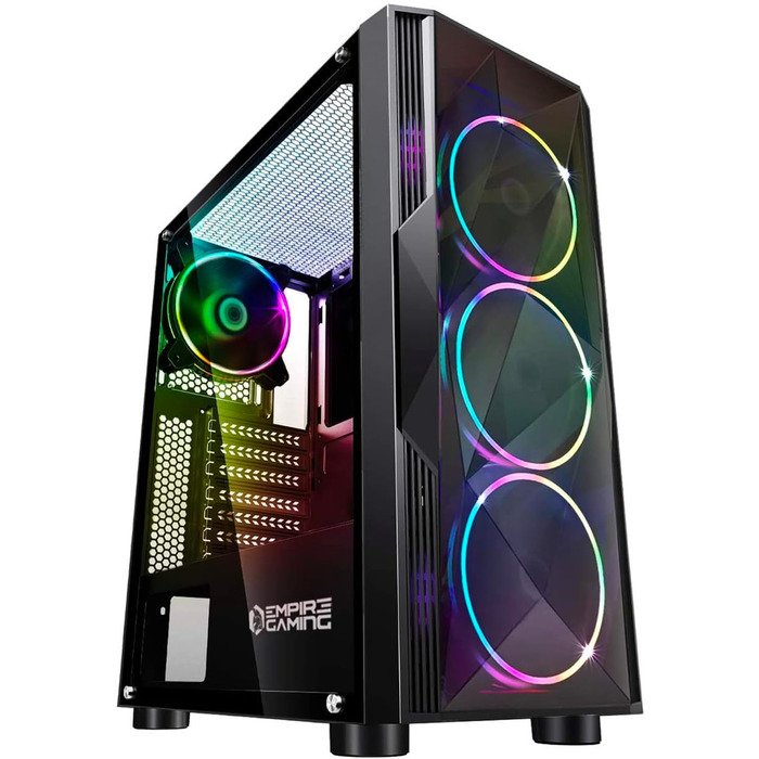 EMPIRE GAMING Diamond – ігровий корпус для ПК ATX, ARGB підсвітка, фасад із діамантового плексигласу, бічна дверцята із загартованого скла, 4 вентилятори 120 мм з адресною RGB LED 5V