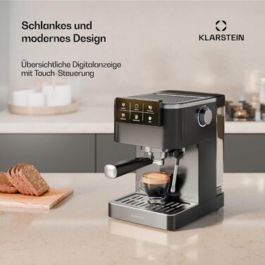 Klarstein SteelPresso Touch: Еспресо-машина з нержавіючої сталі, 20 бар, 1350 Вт, з інтегрованим капучинатором та сенсорним дисплеєм. Компактна кавомашина Klarstein чорного кольору.