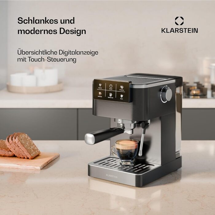 Klarstein SteelPresso Touch: Еспресо-машина з нержавіючої сталі, 20 бар, 1350 Вт, з інтегрованим капучинатором та сенсорним дисплеєм. Компактна кавомашина Klarstein чорного кольору.