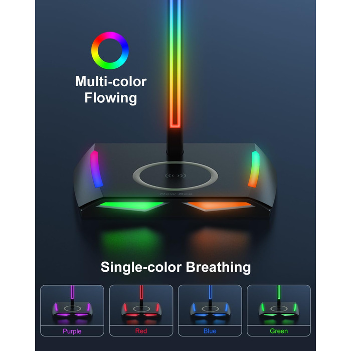 Підставка для навушників New bee RGB з бездротовою зарядкою, геймерська стійка для гарнітури з USB, 2 Type-C, 11 режимів підсвітки, чорна (Z12)