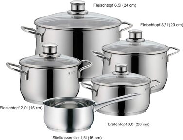 Набір каструль WMF Diadem Plus для індукції, 5 предметів, з кришками, нержавіюча сталь, поліровані, без покриття