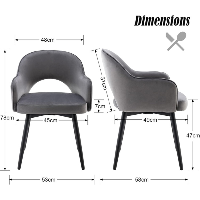 Стілець Chairus 2 шт. з оксамиту, поворотний на 360°, м'який обідній стілець з підлокітниками для кухні, дому, офісу, вітальні, сірий 53×58×78 см