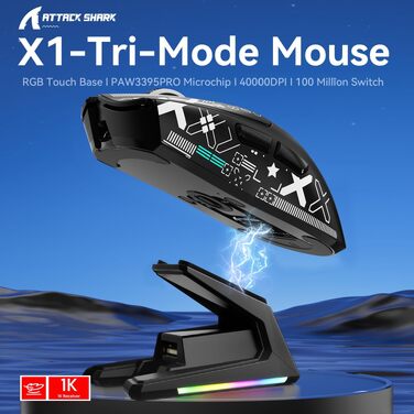 Ігрова миша Attack Shark X1 з RGB док-станцією, сенсором PixArt PAW3395PRO, 40000 DPI, бездротова/дротова (BT/2.4G), вага 53г, біла/чорна