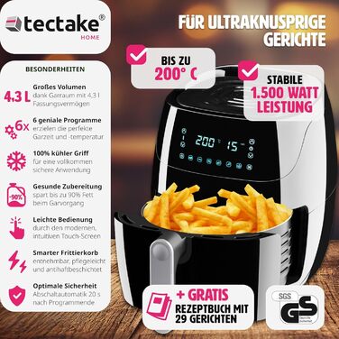 Електрична аерофритюрниця Tectake 4,3 л, сенсорна панель, антипригарний кошик, 6 автоматичних програм, без масла і жиру, з рецептурником, чорна