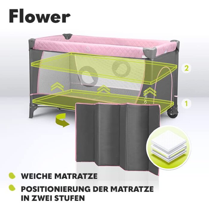 Дитяче ліжечко-манеж Lionelo Flower 4в1 з боковим входом, пеленатором, регульованою висотою, ігровою дугою, колесами та сумкою для транспортування