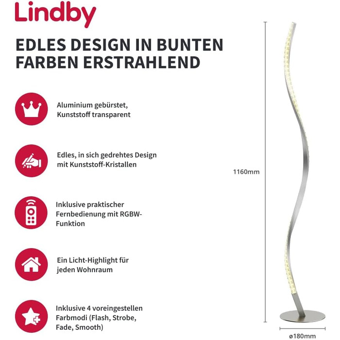 LED торшер Lindby з RGB-підсвіткою та димером, керування пультом, світлодіодна лампа-стовп для вітальні, ігрова декораційна підлогова лампа
