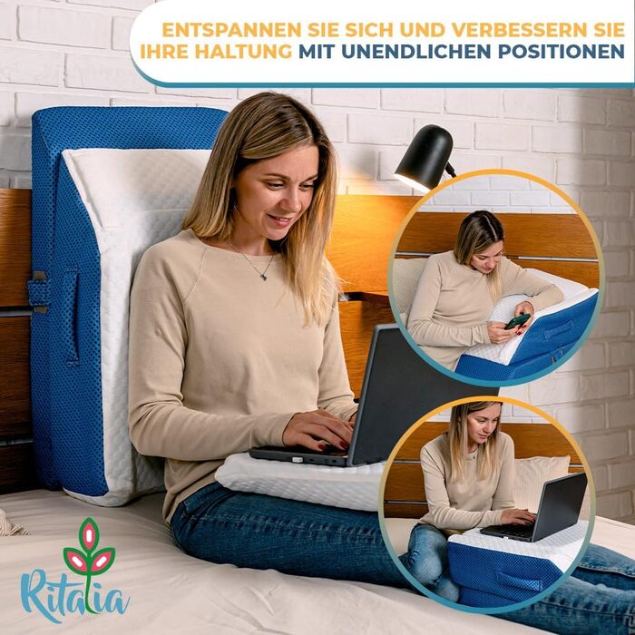 Ортопедична подушка Ritalia VENENKISSEN для ніг з memory foam – 3 положення, 64x43x24 см, блакитна