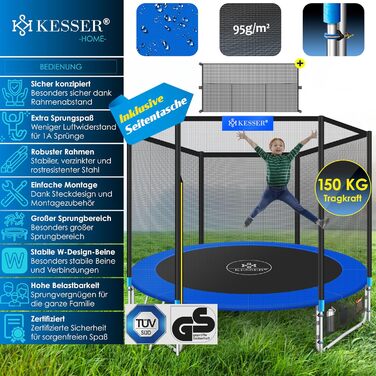 Батут KESSER для дітей та дорослих Ø366 см з сіткою, драбиною, захисним бортиком та сумкою - до 150 кг, блакитний