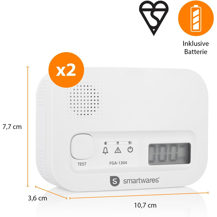 Smartwares Ко-Детектор диму та вуглецю - 85 дБ - Датчик 10 років - Повідомлення через додаток - Кнопка тесту та безшумний режим - FGA-13800, на батарейках, білий (Батарея 3 роки, подвійний набір)