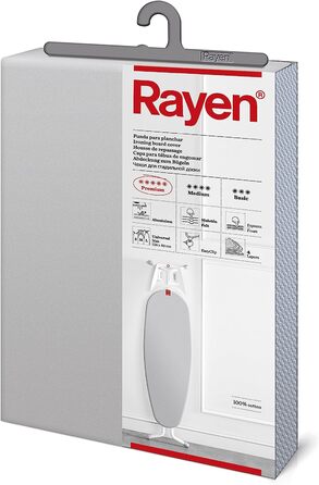 Rayen Чохол для прасувальної дошки, регульований, EasyClip, 4 шари: піноматеріал, фліс, 100% бавовна, алюмінієва тканина, преміум, 130x47 см, світло-сірий