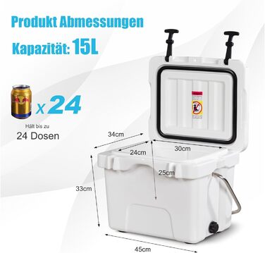 COSTWAY Портативна ізотермічна коробка 15 л з ручкою, зливним клапаном і підстаканниками, термобокс для їжі та напоїв, 45x34x33 см, білий